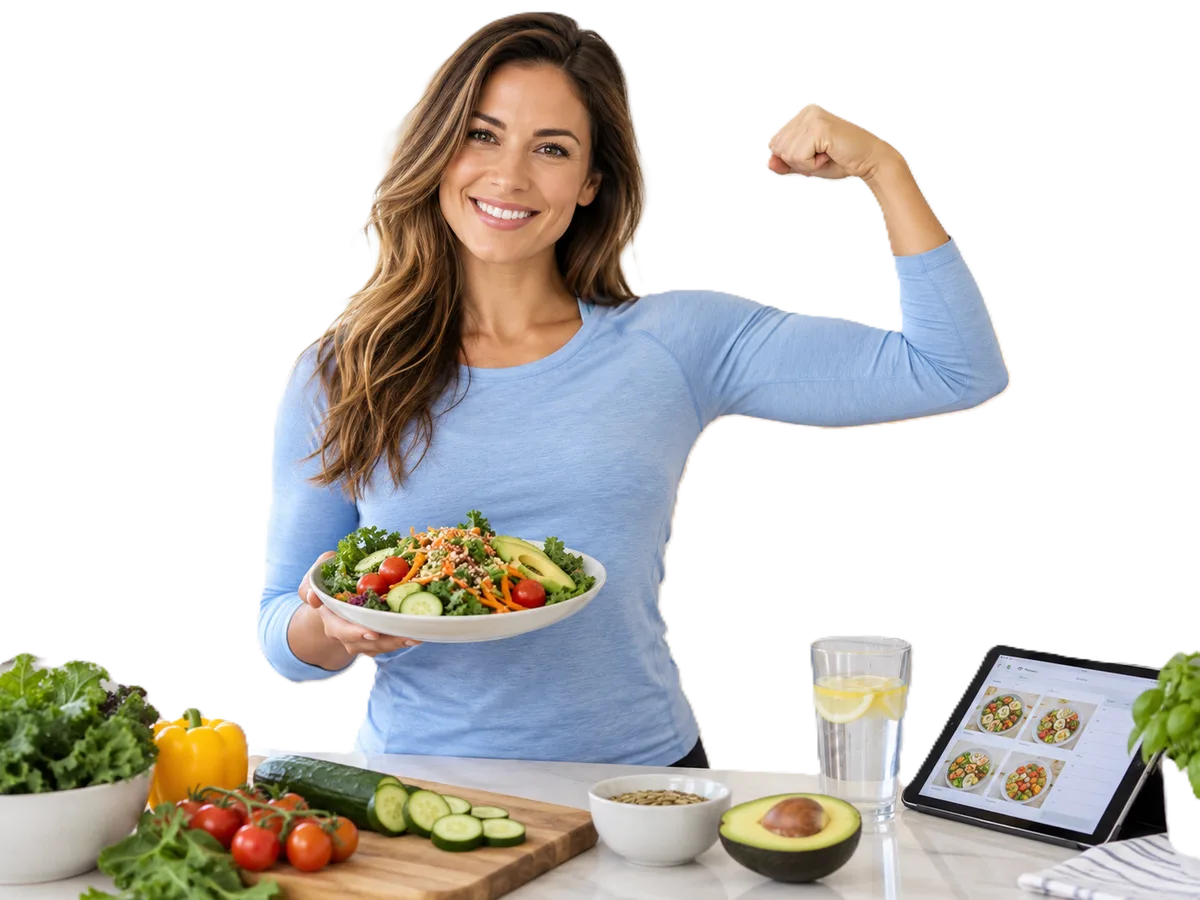 A woman holding a fresh salad and flexing her arm in a bright kitchen